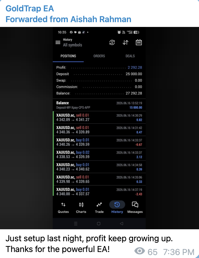 Screenshot testimoni pengguna GOLDTRAP EA 5